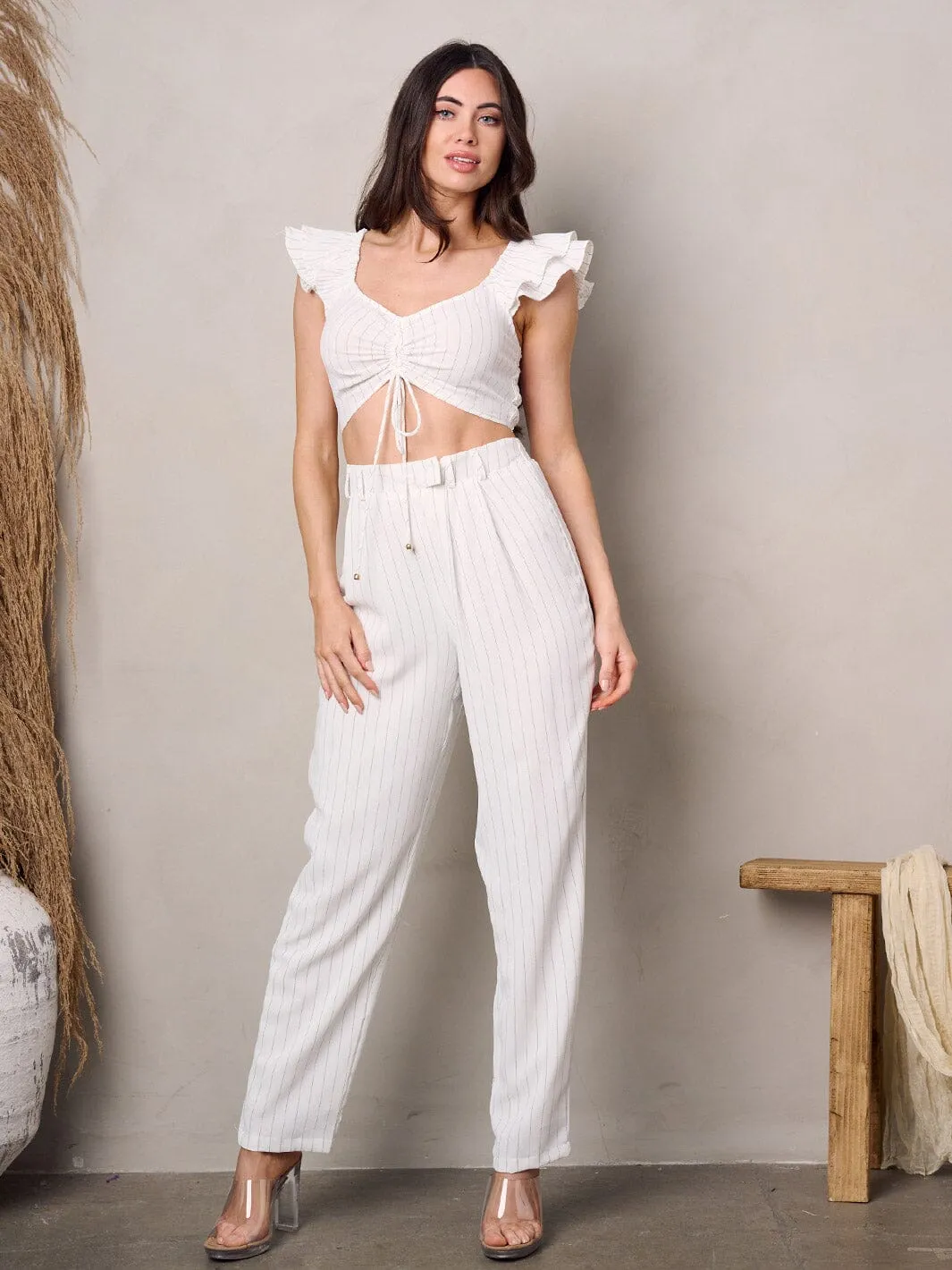 WOMEN'S RUFFLE CROP TOP & PANTS STRIPES SETS