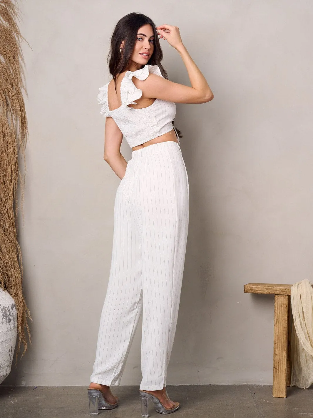 WOMEN'S RUFFLE CROP TOP & PANTS STRIPES SETS