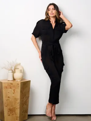 WOMEN'S SHORT PUFF SLEEVES ZIP UP POCKETS JUMPSUIT