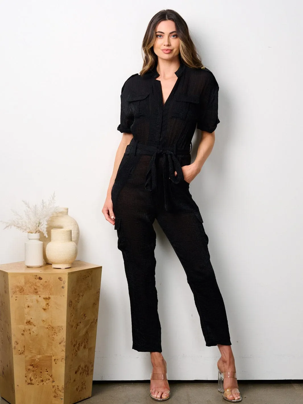 WOMEN'S SHORT PUFF SLEEVES ZIP UP POCKETS JUMPSUIT