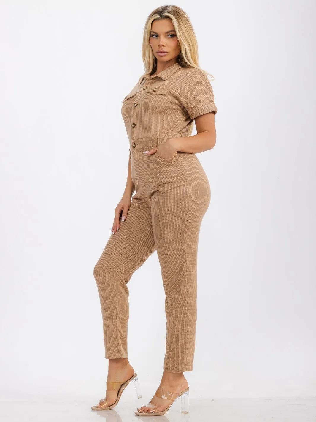 WOMENS' SHORT SLEEVE BUTTON UP FRONT POCKETS KNIT JUMPSUIT