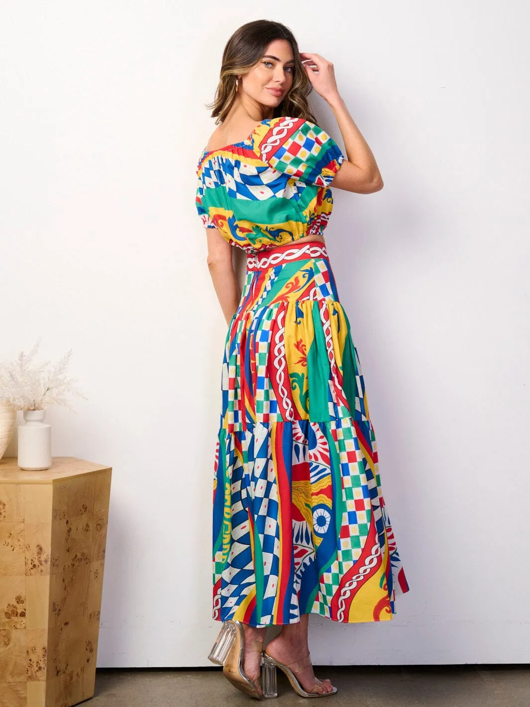 WOMEN'S SHORT SLEEVE CROP TOP & MAXI SKIRT MULTI PRINT 2PC. SET