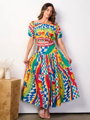 WOMEN'S SHORT SLEEVE CROP TOP & MAXI SKIRT MULTI PRINT 2PC. SET