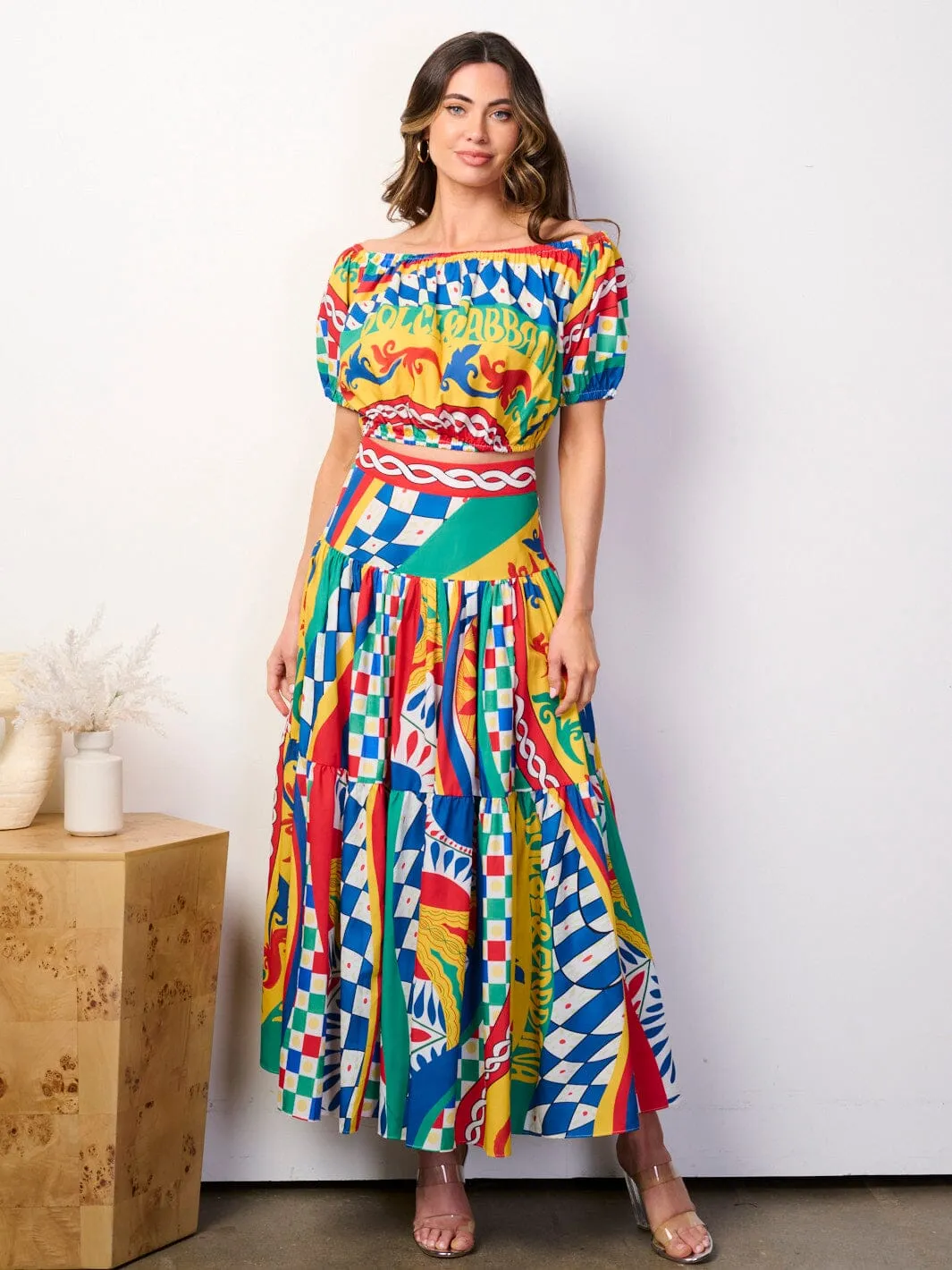 WOMEN'S SHORT SLEEVE CROP TOP & MAXI SKIRT MULTI PRINT 2PC. SET