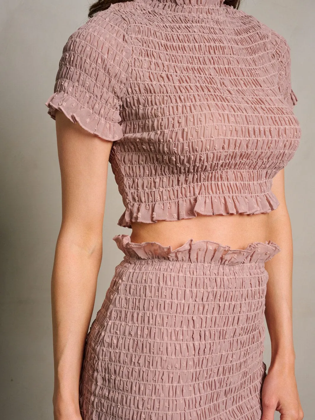 WOMEN'S SHORT SLEEVE CROP TOP & MINI SKIRT RUCHED 2PC SET