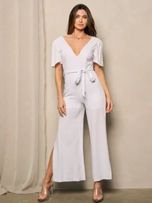 WOMEN'S SHORT SLEEVE V-NECK SIDE SLIT OPEN BACK JUMPSUIT