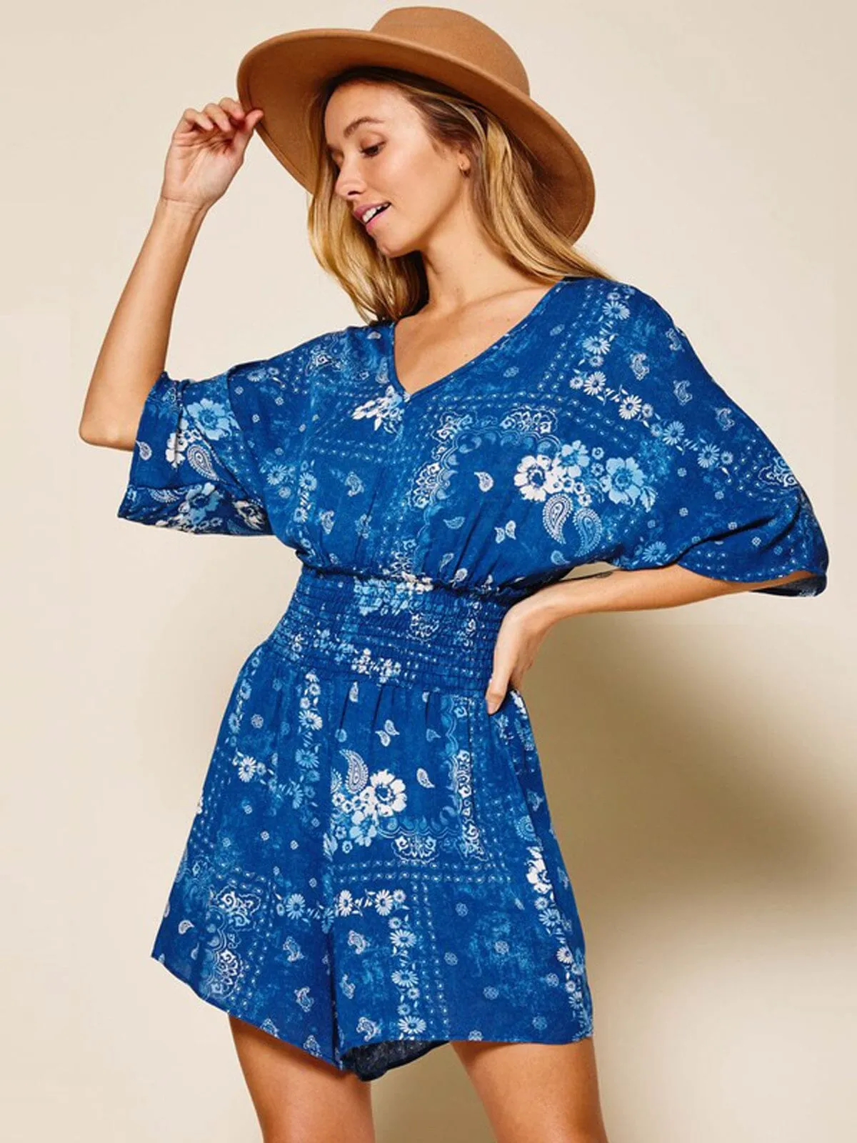 WOMEN'S SHORT SLEEVE V-NECK SMOCK WAIST ROMPER