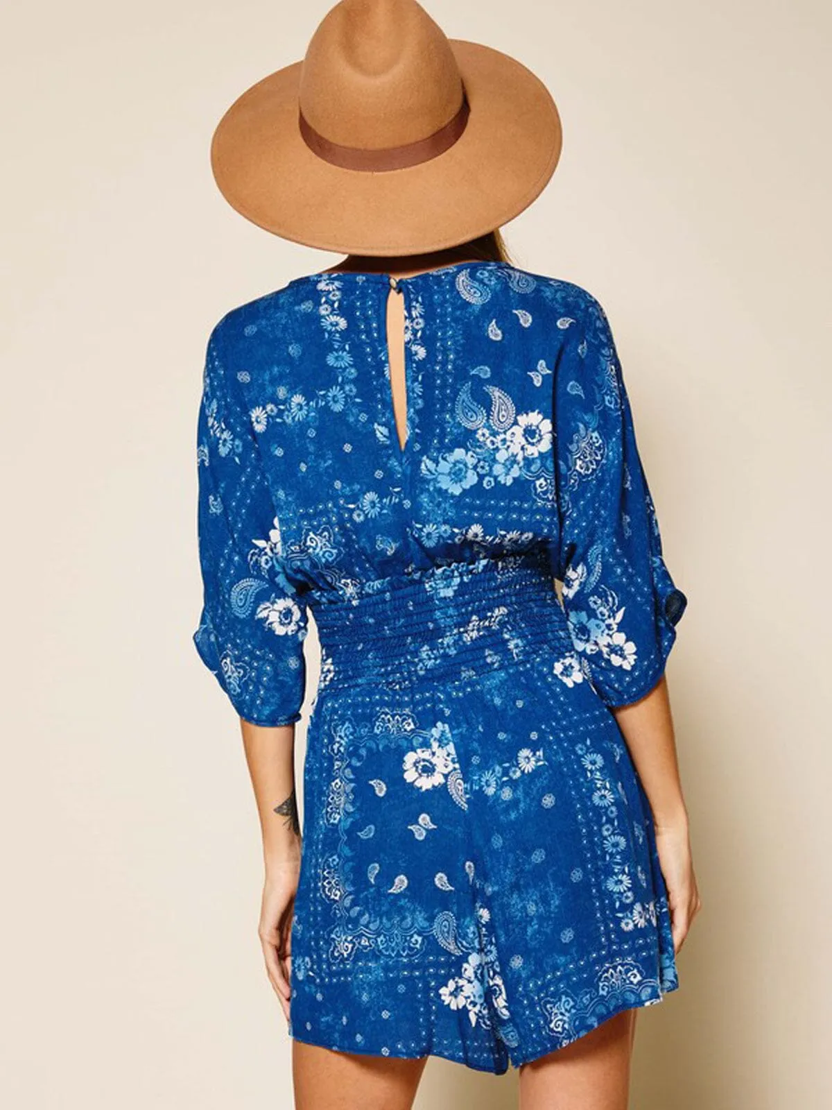 WOMEN'S SHORT SLEEVE V-NECK SMOCK WAIST ROMPER