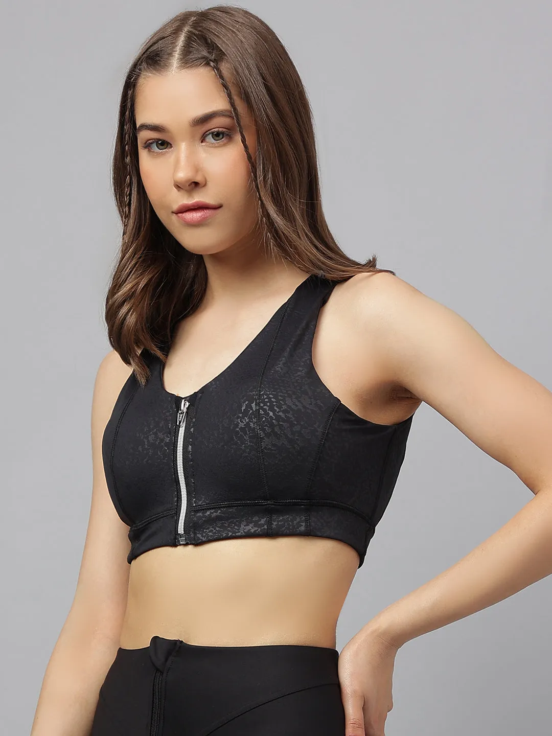Women's snake print front zipper sports bra