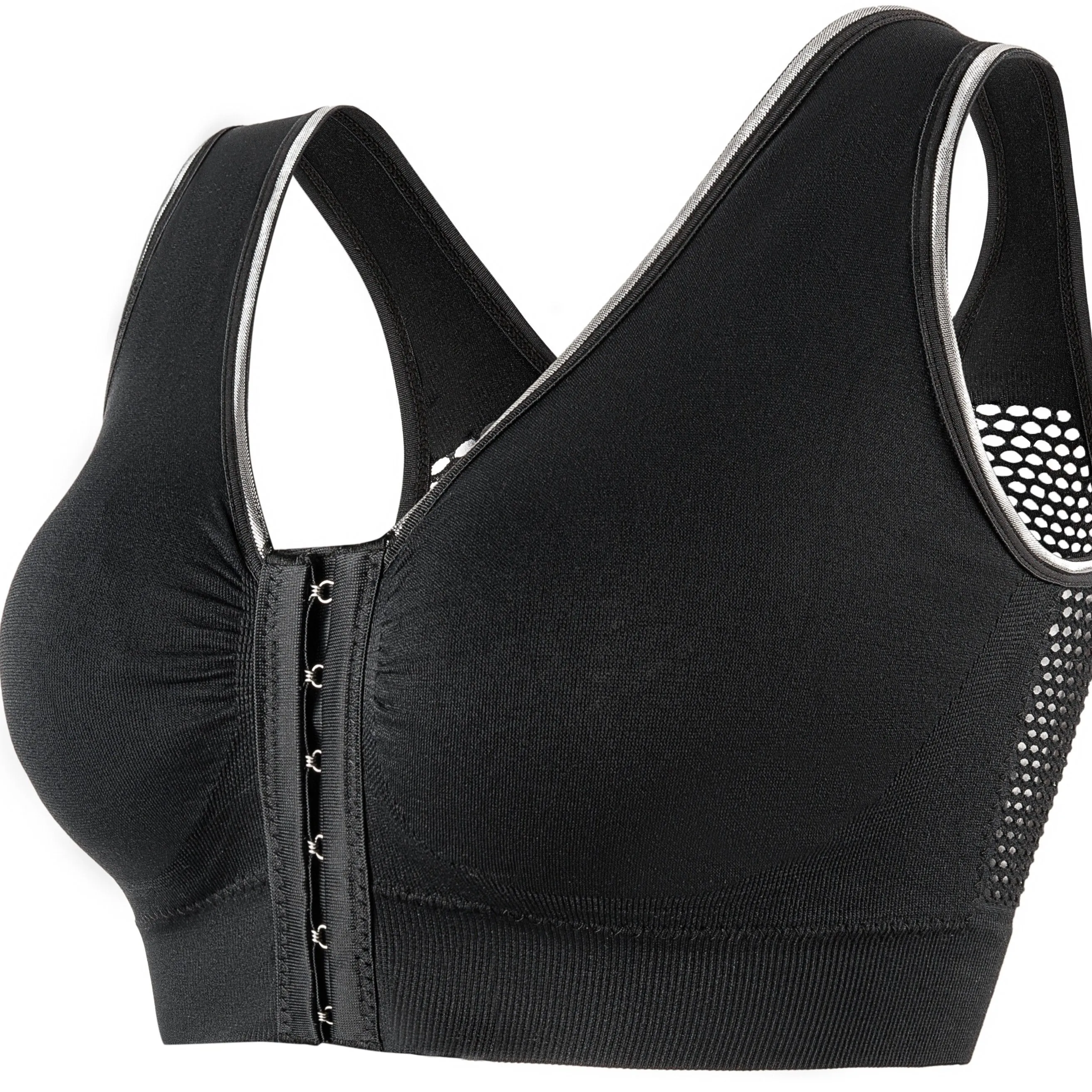 Women's Sports Bra, Plus Size Buckle Open Front Solid Breathable Mesh Wireless Thin Fitness Yoga Running Bra