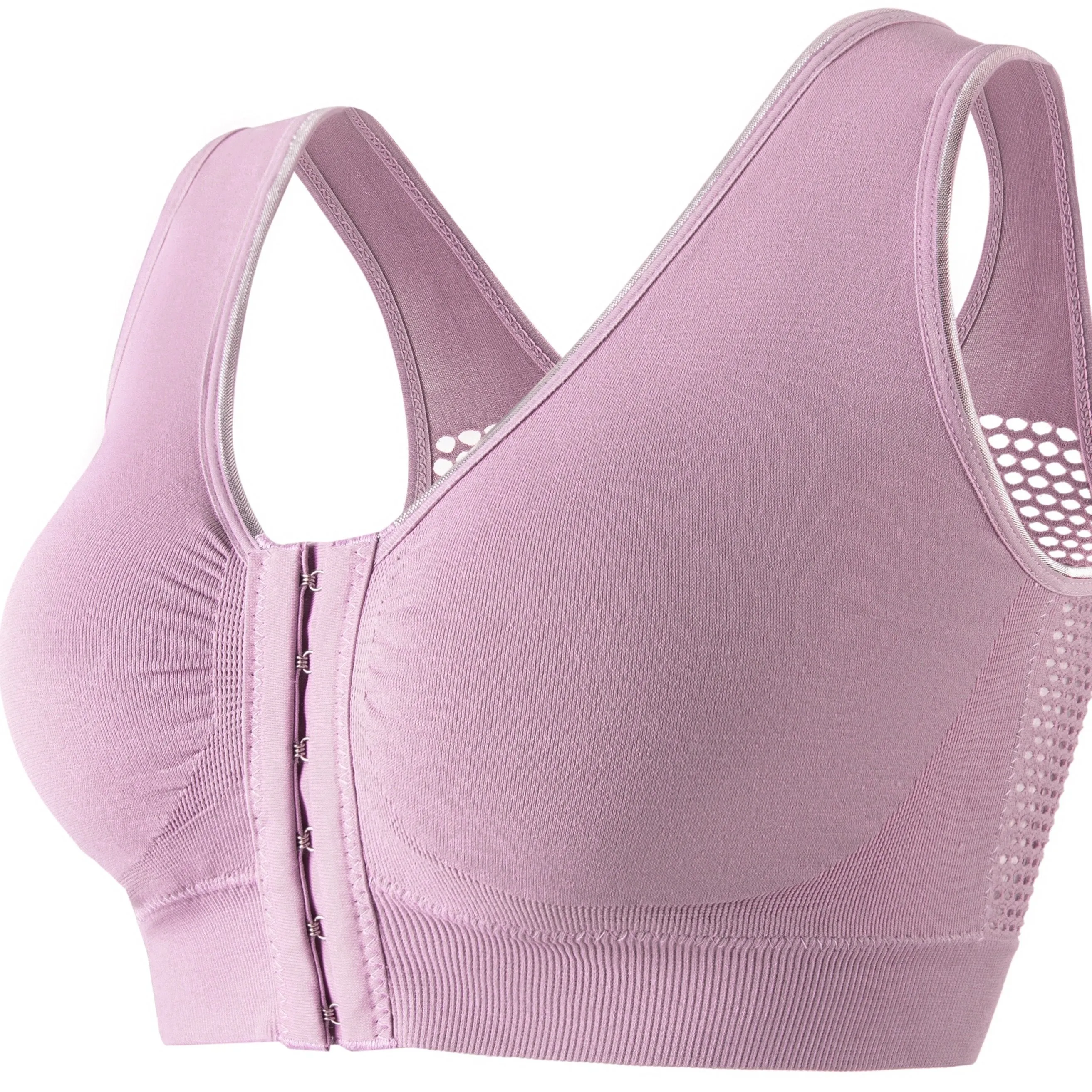 Women's Sports Bra, Plus Size Buckle Open Front Solid Breathable Mesh Wireless Thin Fitness Yoga Running Bra