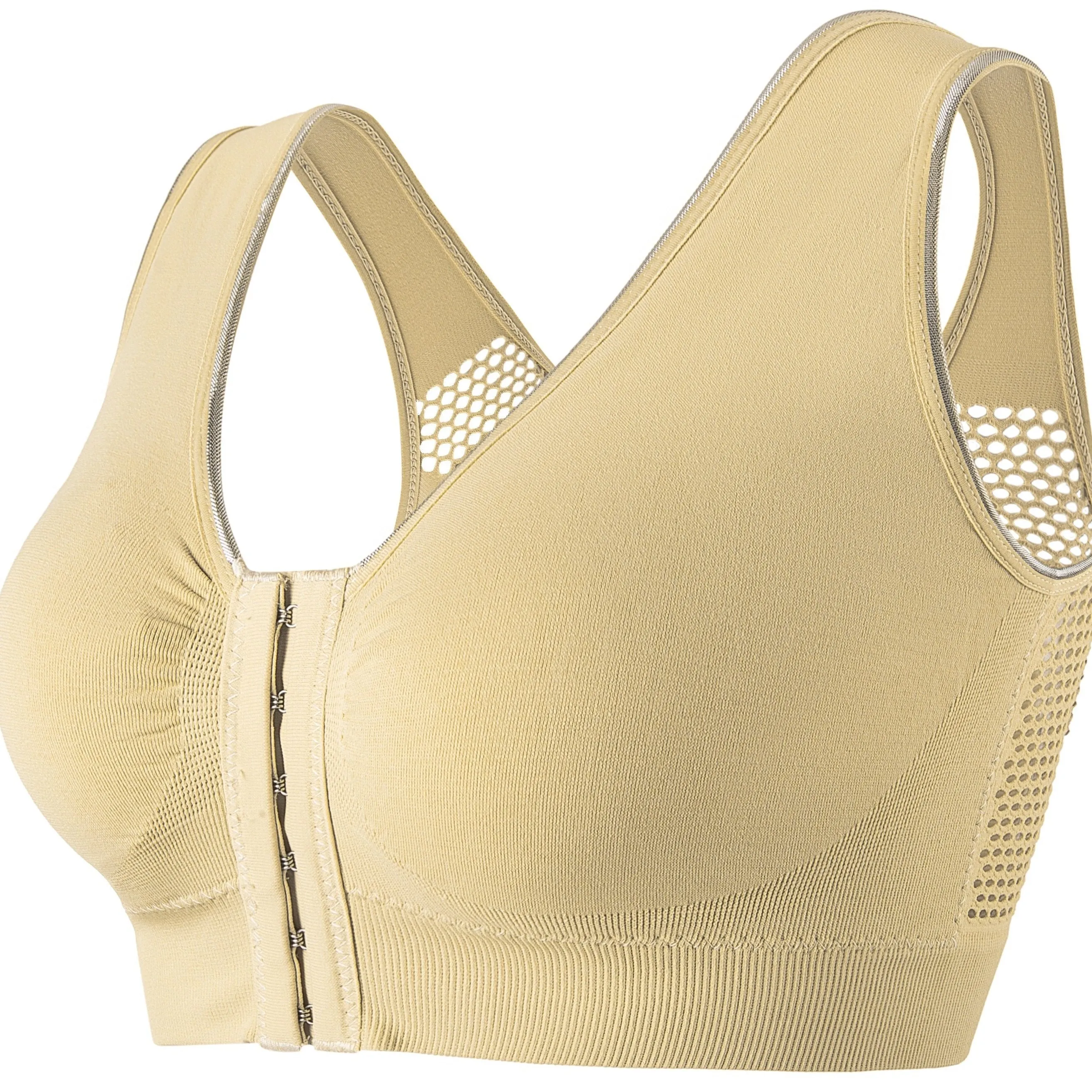 Women's Sports Bra, Plus Size Buckle Open Front Solid Breathable Mesh Wireless Thin Fitness Yoga Running Bra