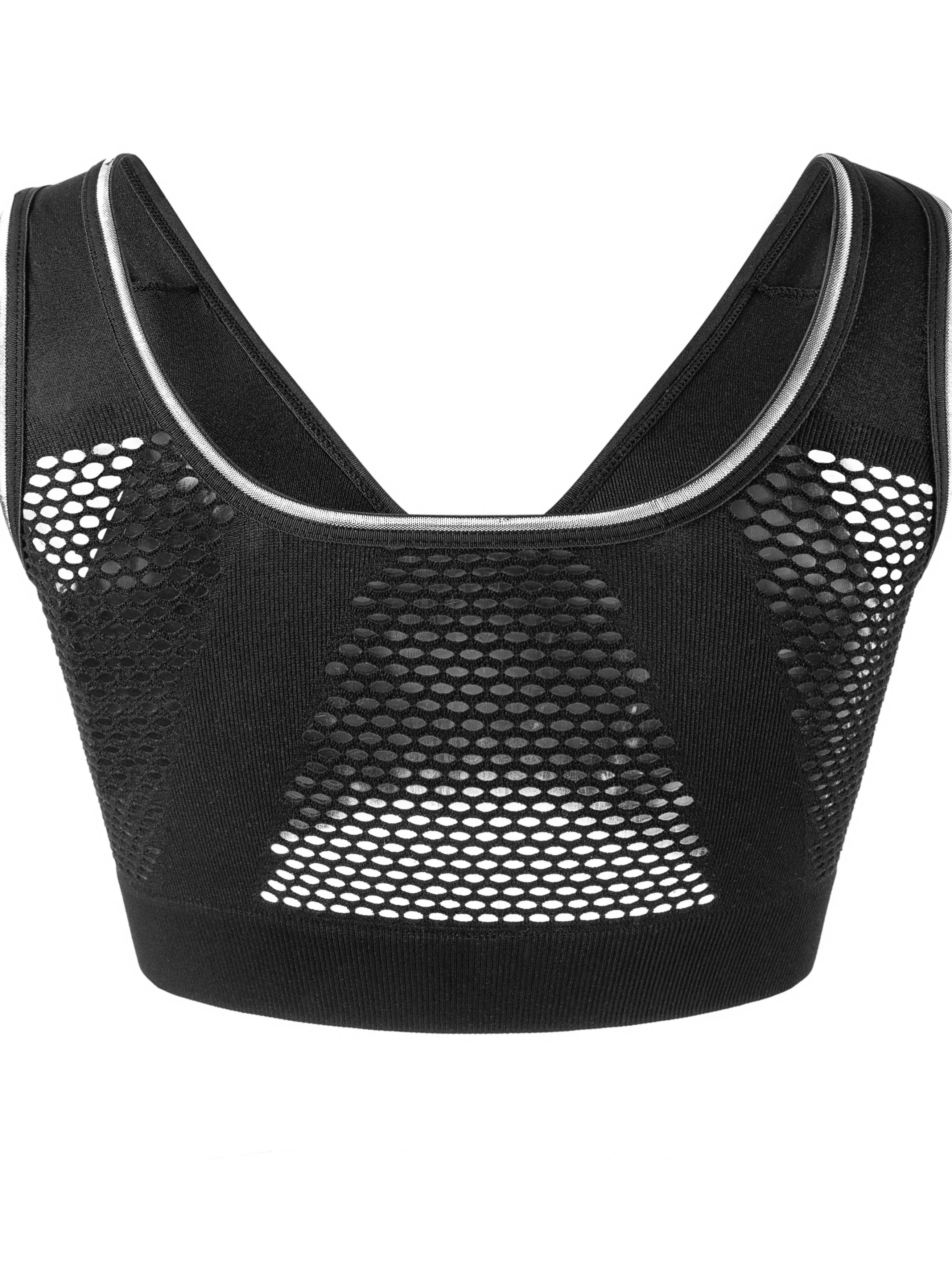 Women's Sports Bra, Plus Size Buckle Open Front Solid Breathable Mesh Wireless Thin Fitness Yoga Running Bra
