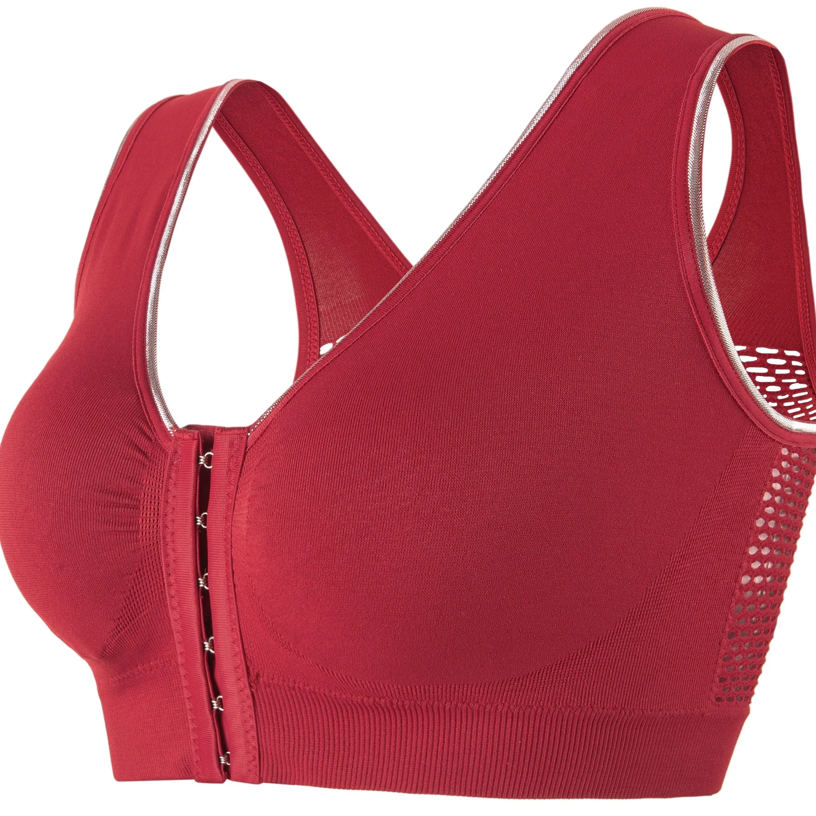Women's Sports Bra, Plus Size Buckle Open Front Solid Breathable Mesh Wireless Thin Fitness Yoga Running Bra