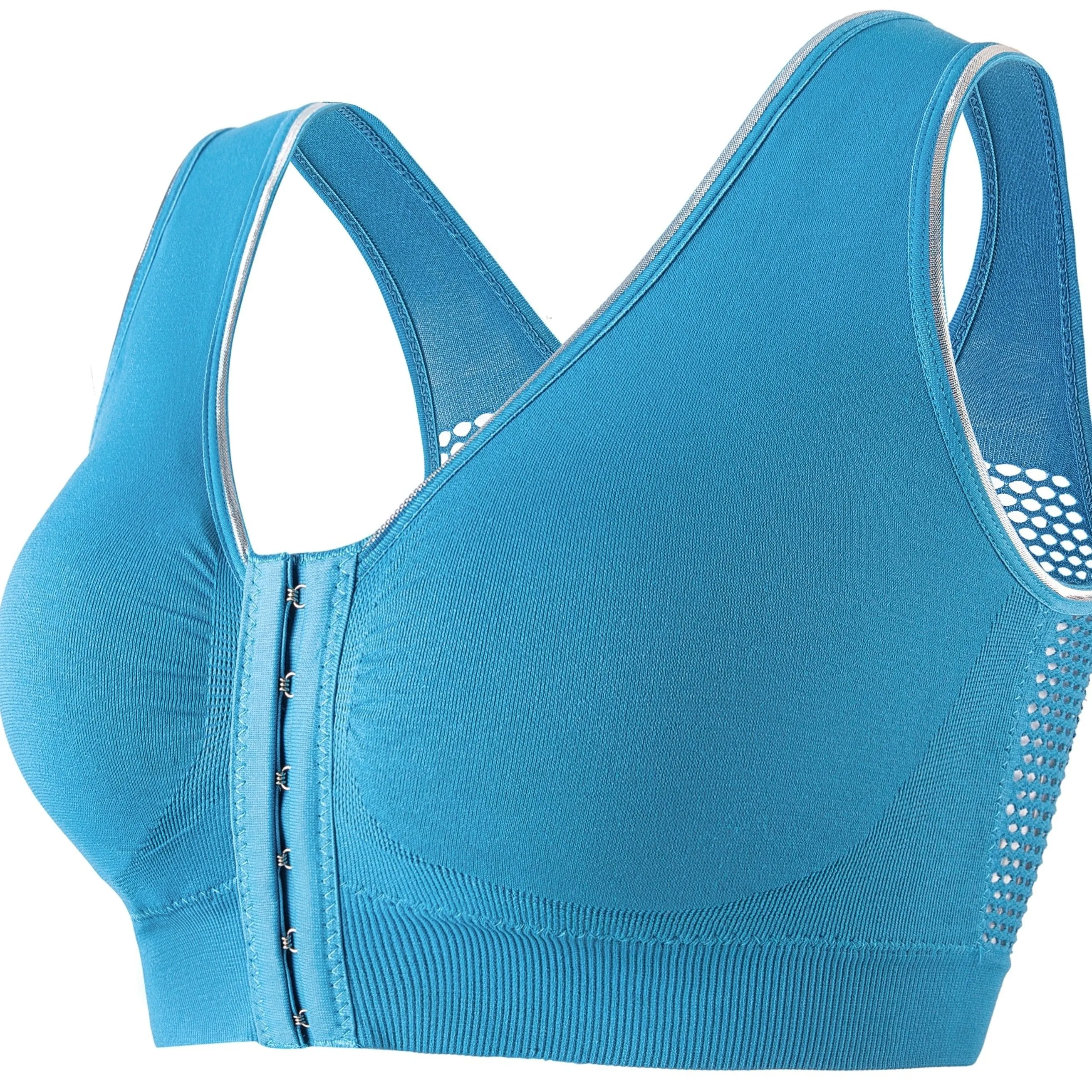 Women's Sports Bra, Plus Size Buckle Open Front Solid Breathable Mesh Wireless Thin Fitness Yoga Running Bra