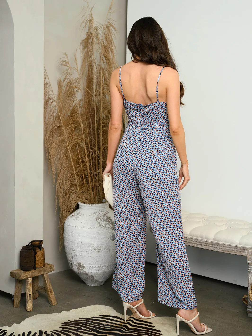WOMEN'S V-NECK MULTI COLOR SELF TIE JUMPSUIT