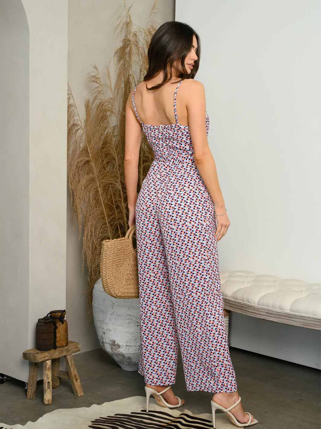 WOMEN'S V-NECK MULTI COLOR SELF TIE JUMPSUIT