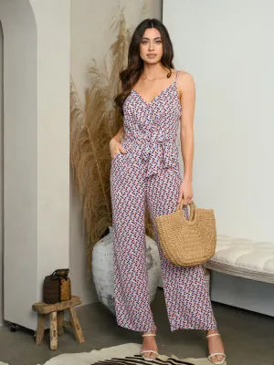 WOMEN'S V-NECK MULTI COLOR SELF TIE JUMPSUIT