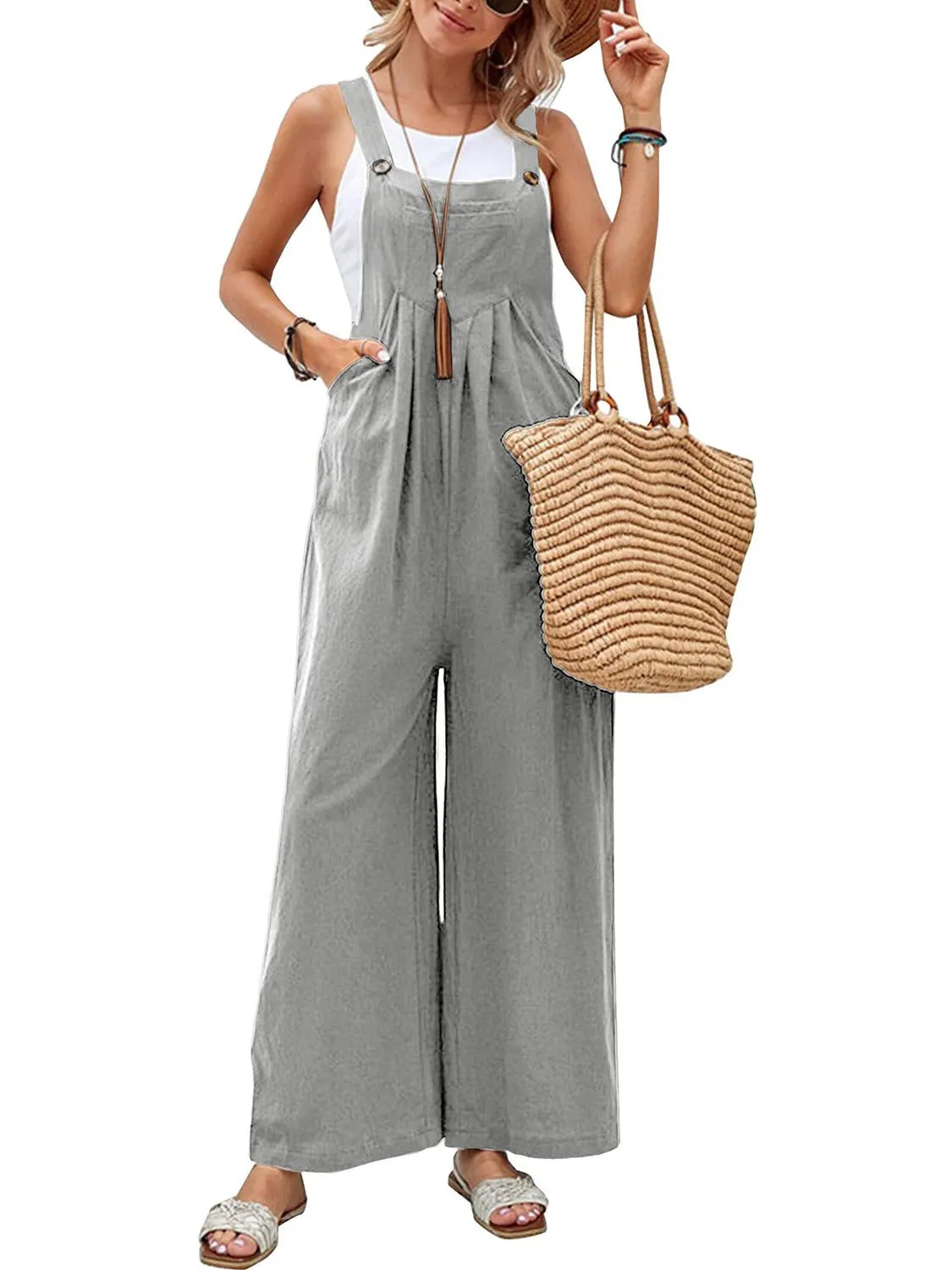 Women's XL Gray Square Neck Wide Strap Overalls