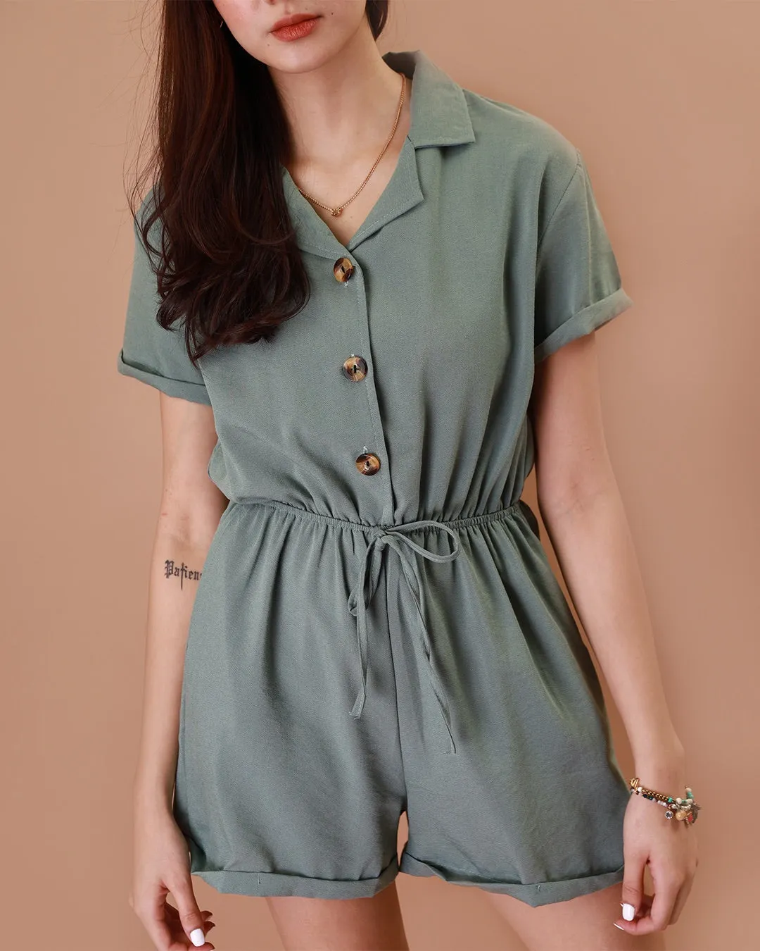 WREN Buttoned Romper (Deep Sage)