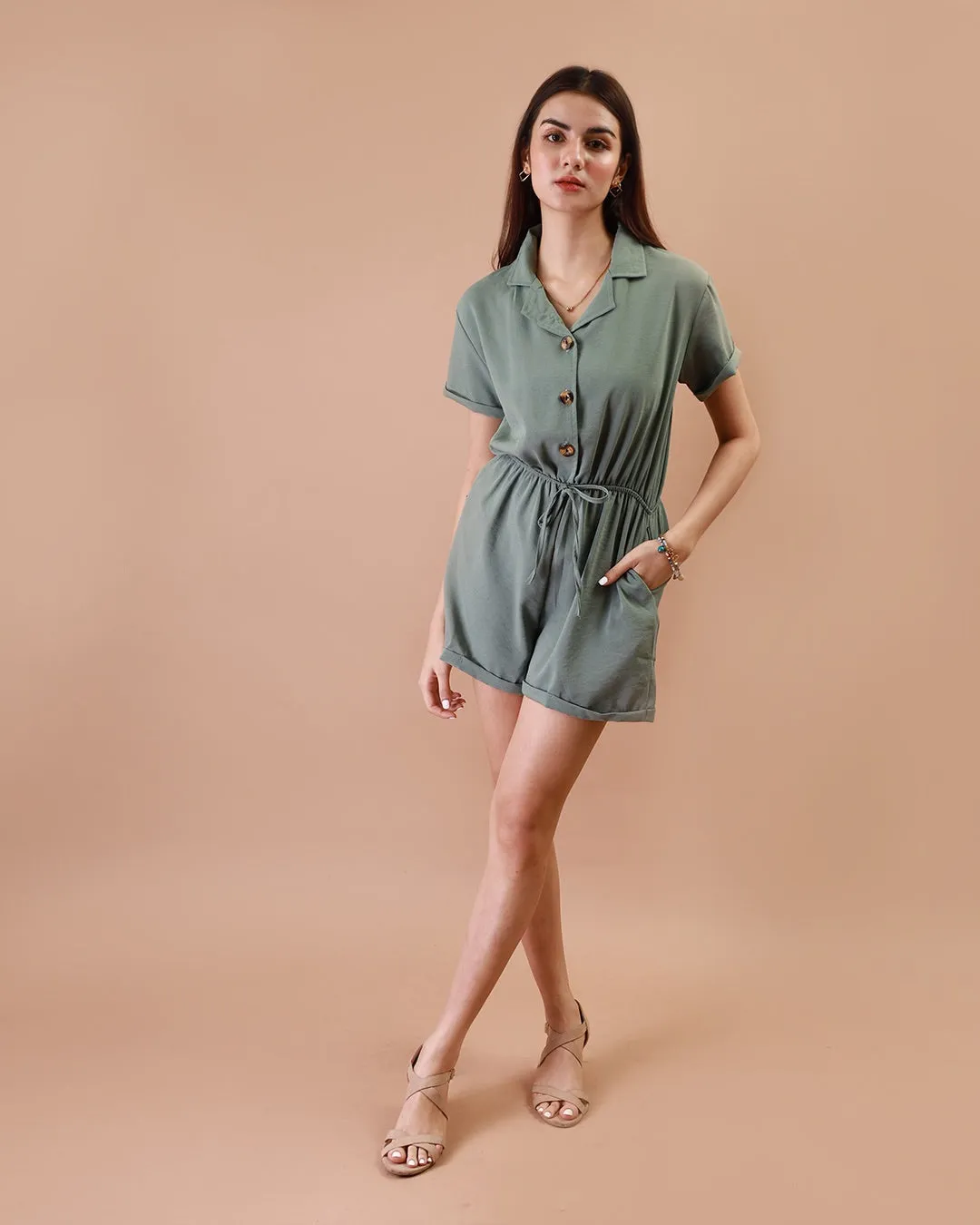 WREN Buttoned Romper (Deep Sage)