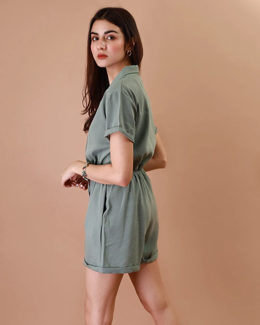 WREN Buttoned Romper (Deep Sage)