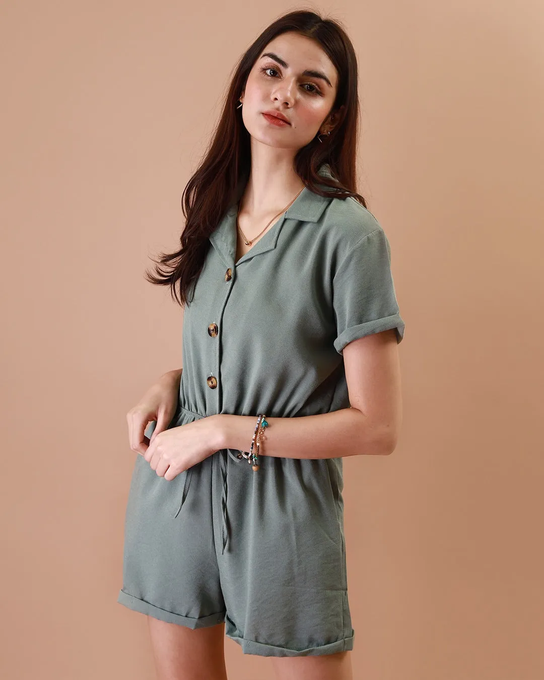 WREN Buttoned Romper (Deep Sage)