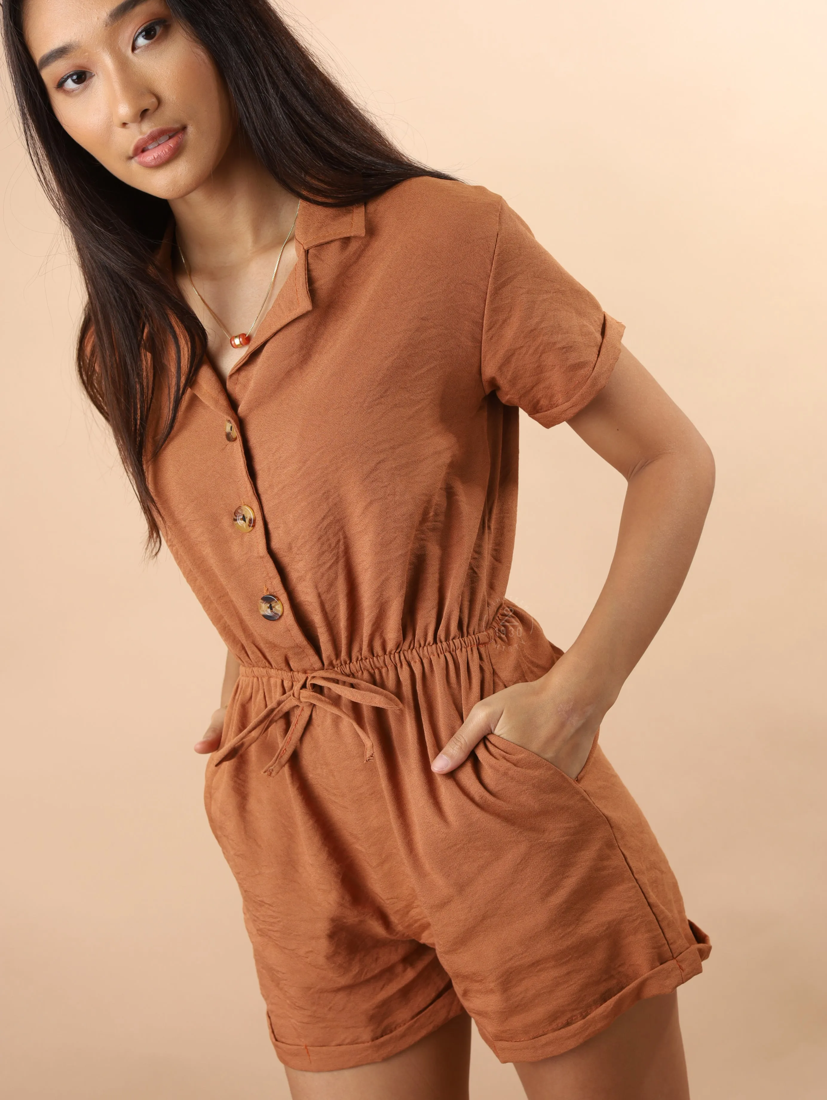 WREN Buttoned Romper (Terracotta)