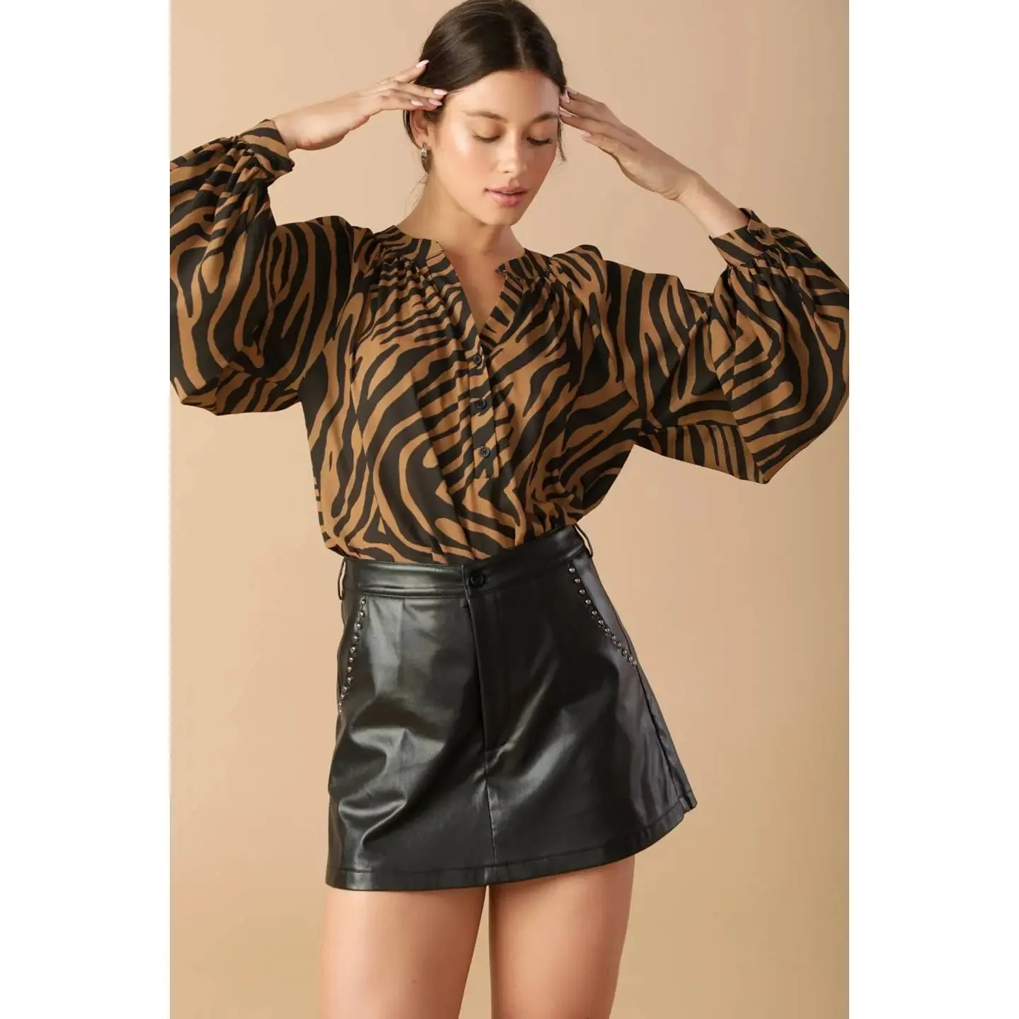 Zebra Print Chiffon Top Partial Button