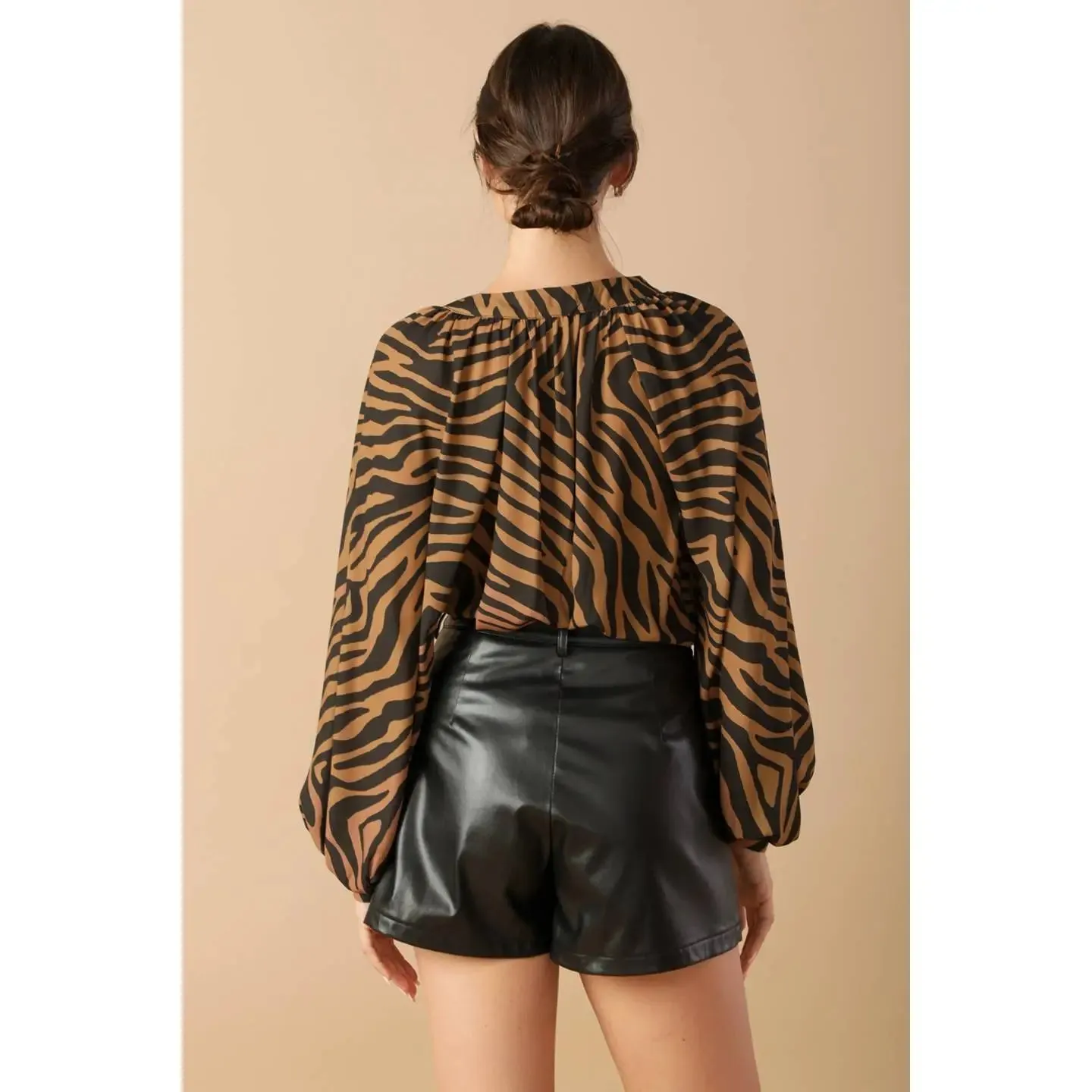 Zebra Print Chiffon Top Partial Button