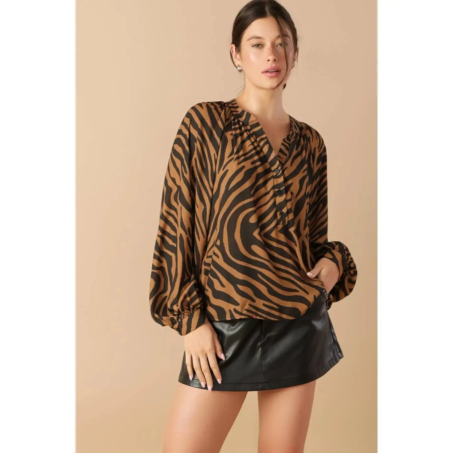 Zebra Print Chiffon Top Partial Button