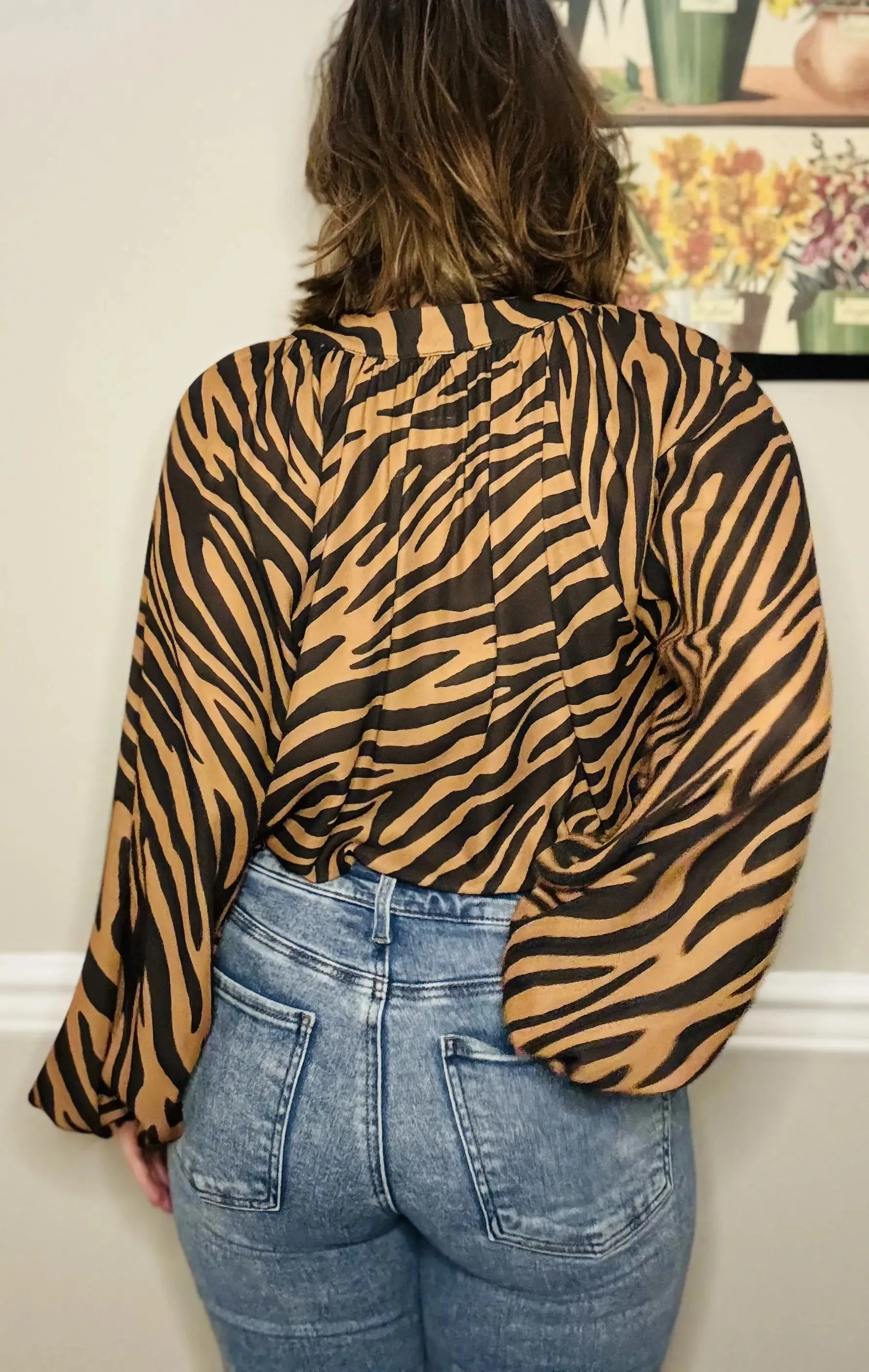Zebra Print Chiffon Top Partial Button